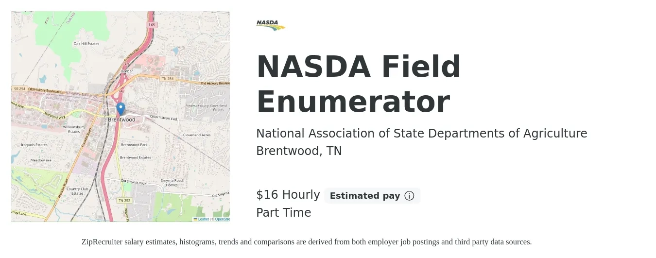 National Association of State Departments of Agriculture job posting for a NASDA Field Enumerator in Brentwood, TN with a salary of $17 Hourly with a map of Brentwood location.