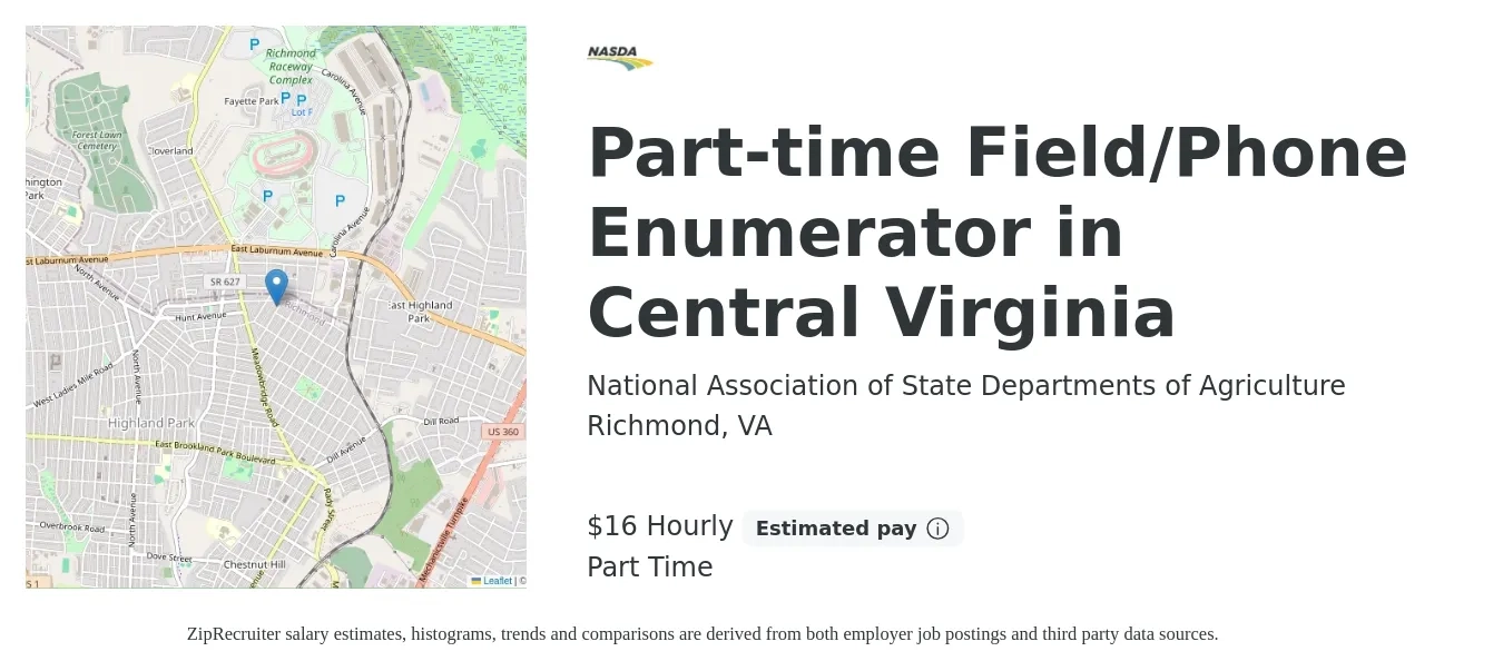 National Association of State Departments of Agriculture job posting for a Part-time Field/Phone Enumerator in Central Virginia in Richmond, VA with a salary of $17 Hourly with a map of Richmond location.