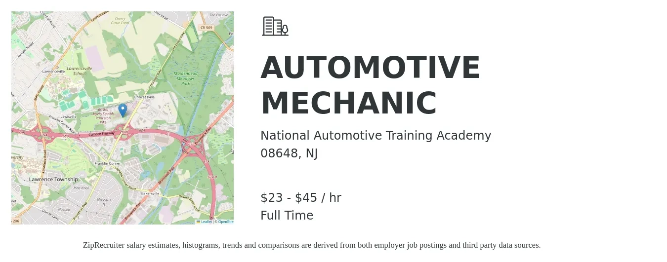 National Automotive Training Academy job posting for a AUTOMOTIVE MECHANIC in 08648, NJ with a salary of $24 to $47 Hourly with a map of 08648 location.
