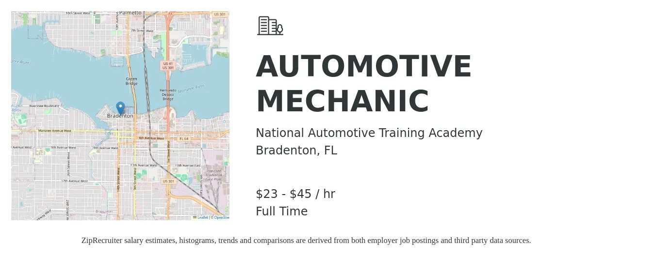 NATIONAL AUTOMOTIVE TRAINING ACADEMY job posting for a AUTOMOTIVE MECHANIC in Bradenton, FL with a salary of $24 to $47 Hourly with a map of Bradenton location.