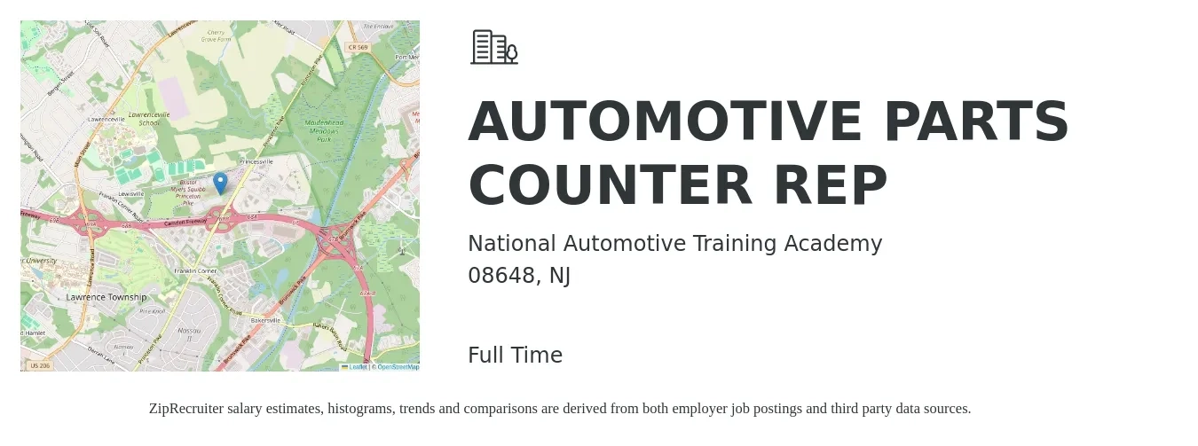 National Automotive Training Academy job posting for a AUTOMOTIVE PARTS COUNTER REP in 08648, NJ with a salary of $19 to $26 Hourly with a map of 08648 location.