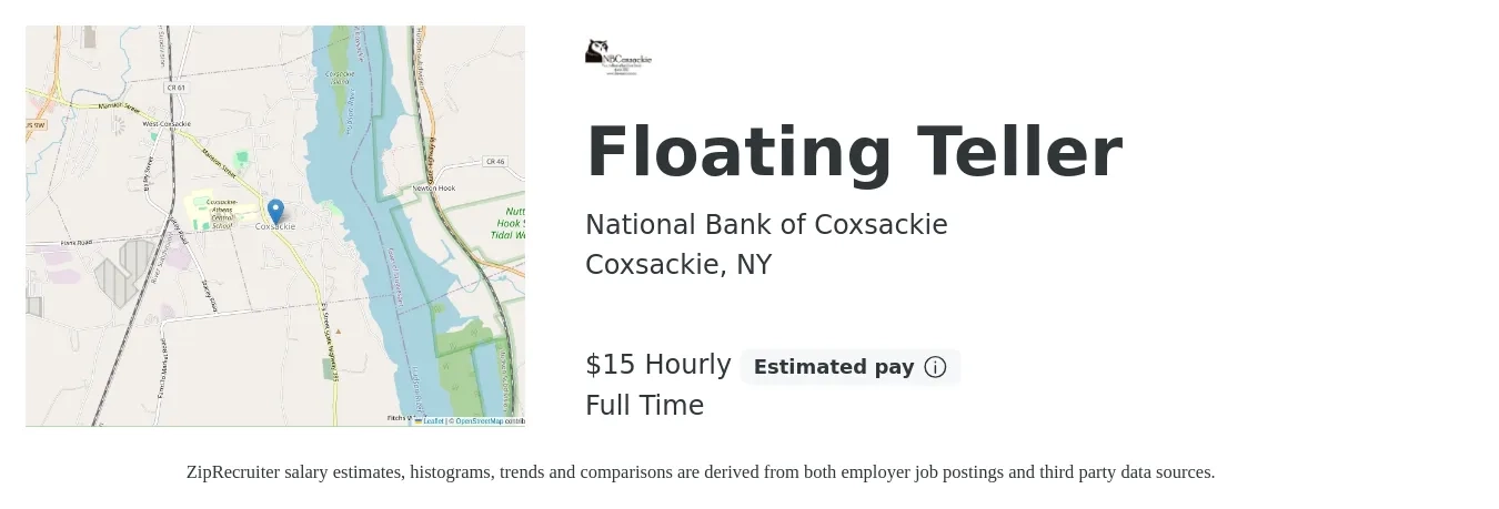 National Bank of Coxsackie job posting for a Floating Teller in Coxsackie, NY with a salary of $16 Hourly with a map of Coxsackie location.
