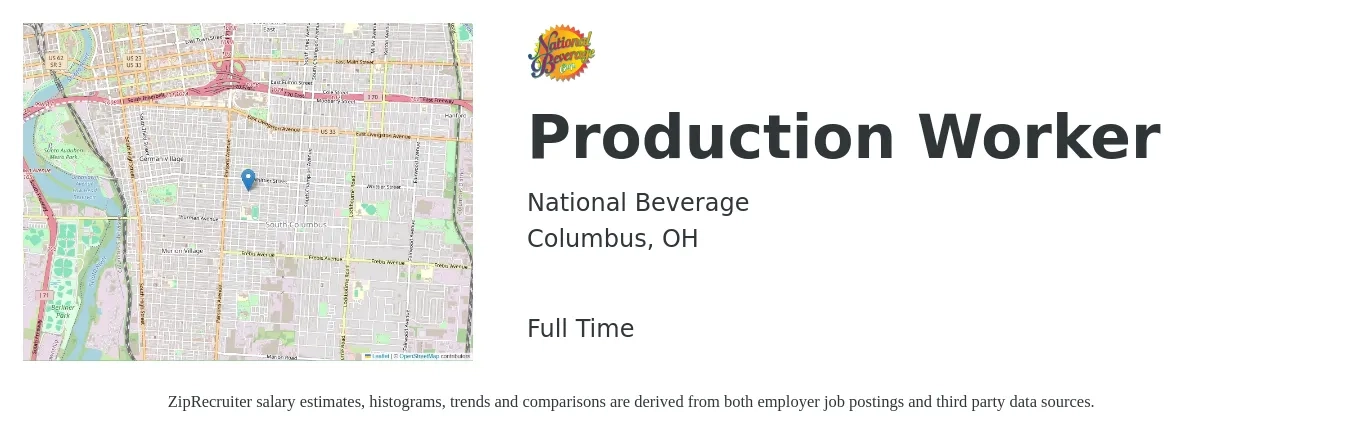 National Beverage Corp. job posting for a Production Worker in Columbus, OH with a salary of $15 to $18 Hourly with a map of Columbus location.