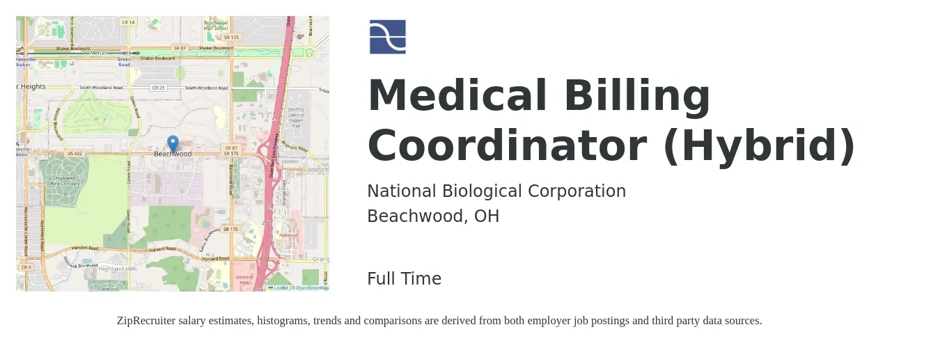 National Biological Corporation job posting for a Medical Billing Coordinator (Hybrid) in Beachwood, OH with a salary of $19 to $25 Hourly with a map of Beachwood location.