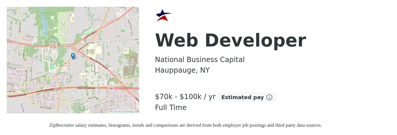 National Business Capital job posting for a Web Developer in Hauppauge, NY with a salary of $70,000 to $100,000 Yearly with a map of Hauppauge location.