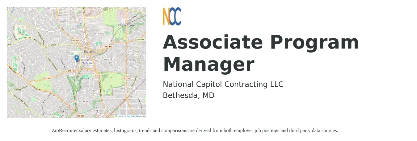 National Capitol Contracting LLC job posting for a Associate Program Manager in Bethesda, MD with a salary of $70,600 to $119,800 Yearly with a map of Bethesda location.