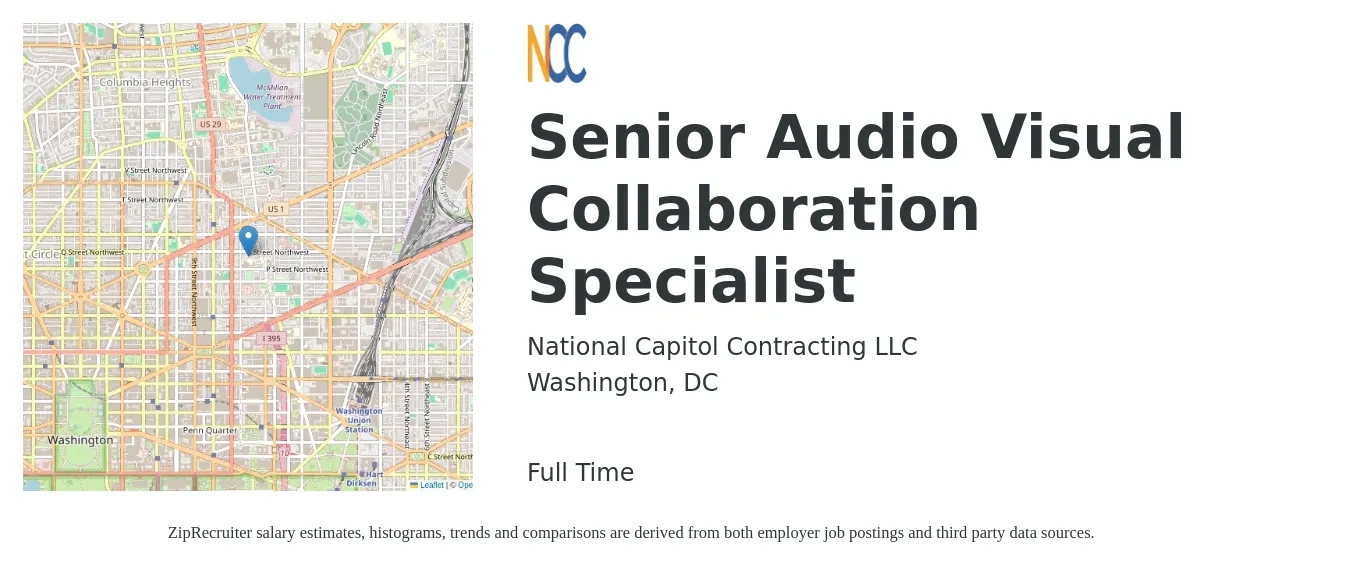 National Capitol Contracting LLC job posting for a Senior Audio Visual Collaboration Specialist in Washington, DC with a salary of $64,400 to $96,500 Yearly with a map of Washington location.
