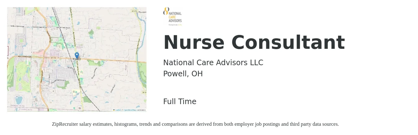 National Care Advisors LLC job posting for a Nurse Consultant in Powell, OH with a salary of $66,700 to $98,200 Yearly with a map of Powell location.