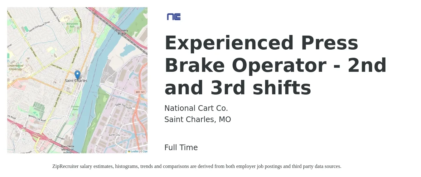 National Cart Co. job posting for a Experienced Press Brake Operator - 2nd and 3rd shifts in Saint Charles, MO with a salary of $19 to $23 Hourly with a map of Saint Charles location.