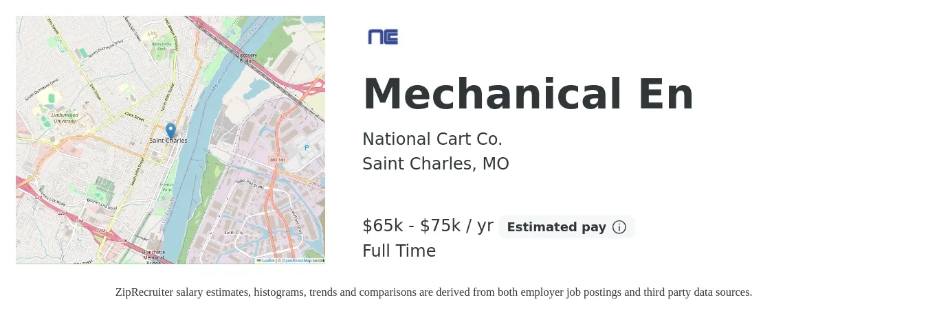 National Cart Co. job posting for a Mechanical En in Saint Charles, MO with a salary of $65,000 to $75,000 Yearly with a map of Saint Charles location.