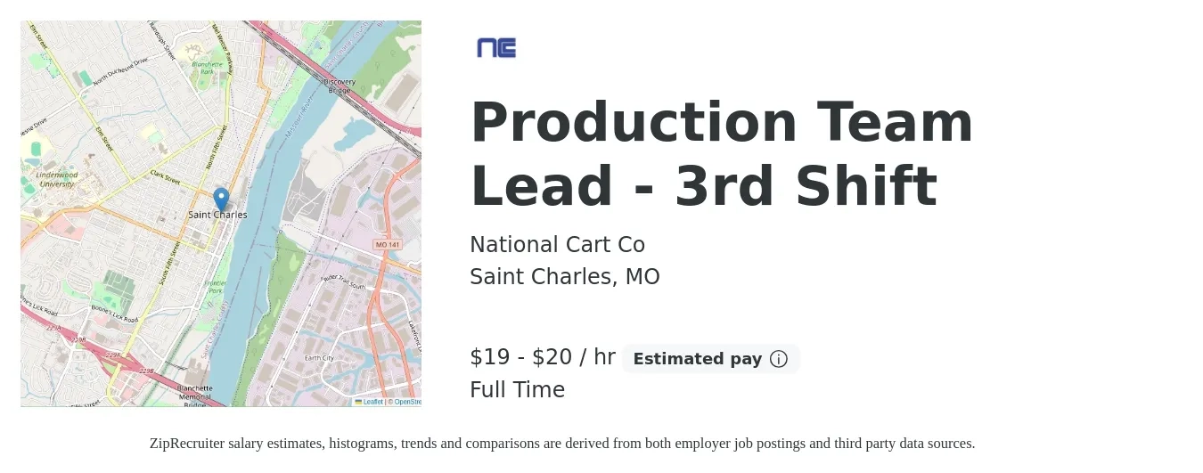National Cart Co. job posting for a Production Team Lead - 3rd Shift in Saint Charles, MO with a salary of $20 to $21 Hourly with a map of Saint Charles location.