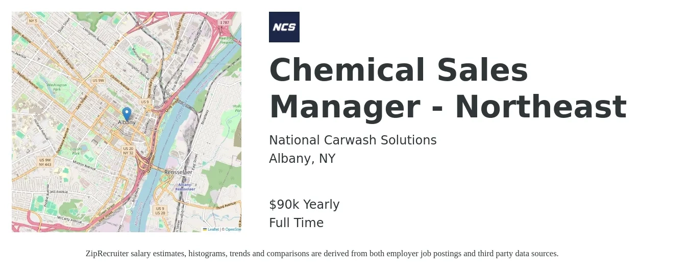 National Carwash Solutions, Inc. job posting for a Chemical Sales Manager - Northeast in Albany, NY with a salary of $90,000 Yearly with a map of Albany location.