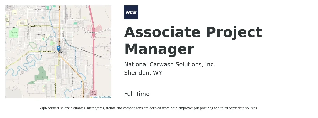 National Carwash Solutions, Inc. job posting for a Associate Project Manager in Sheridan, WY with a salary of $31 to $46 Hourly with a map of Sheridan location.