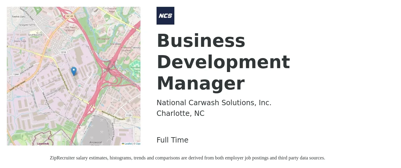 National Carwash Solutions, Inc. job posting for a Business Development Manager in Charlotte, NC with a salary of $59,600 to $97,700 Yearly with a map of Charlotte location.