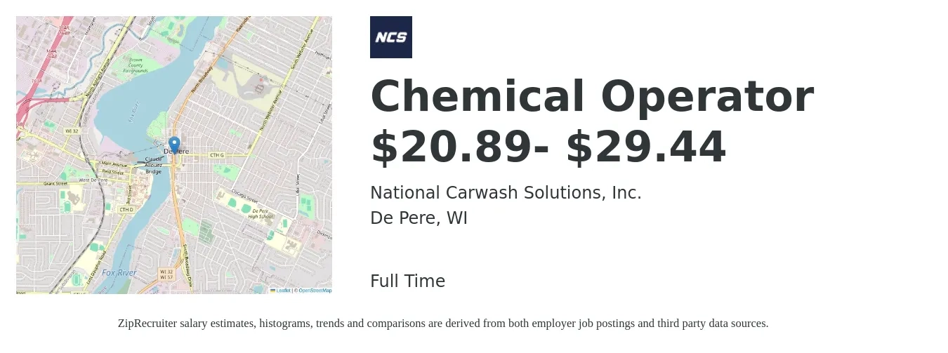 National Carwash Solutions, Inc. job posting for a Chemical Operator $20.89- $29.44 in De Pere, WI with a salary of $18 to $21 Hourly with a map of De Pere location.