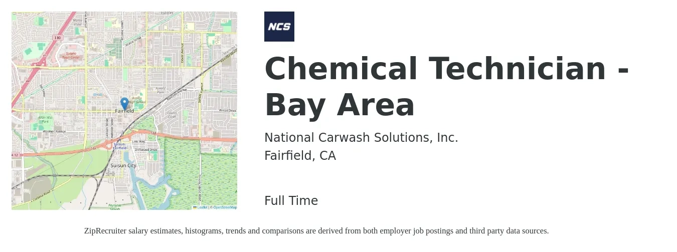 National Carwash Solutions, Inc. job posting for a Chemical Technician - Bay Area in Fairfield, CA with a salary of $20 to $27 Hourly with a map of Fairfield location.