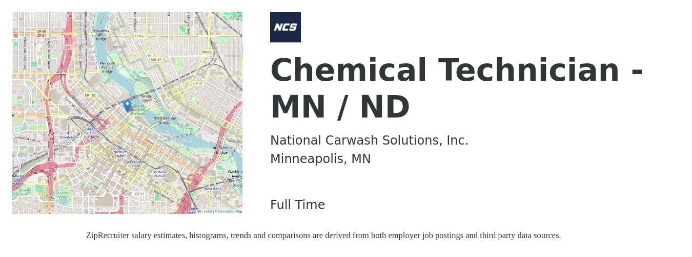 National Carwash Solutions, Inc. job posting for a Chemical Technician - MN / ND in Minneapolis, MN with a salary of $21 to $28 Hourly with a map of Minneapolis location.