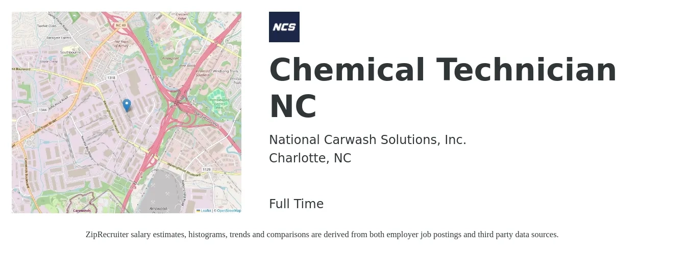 National Carwash Solutions, Inc. job posting for a Chemical Technician NC in Charlotte, NC with a salary of $20 to $26 Hourly with a map of Charlotte location.
