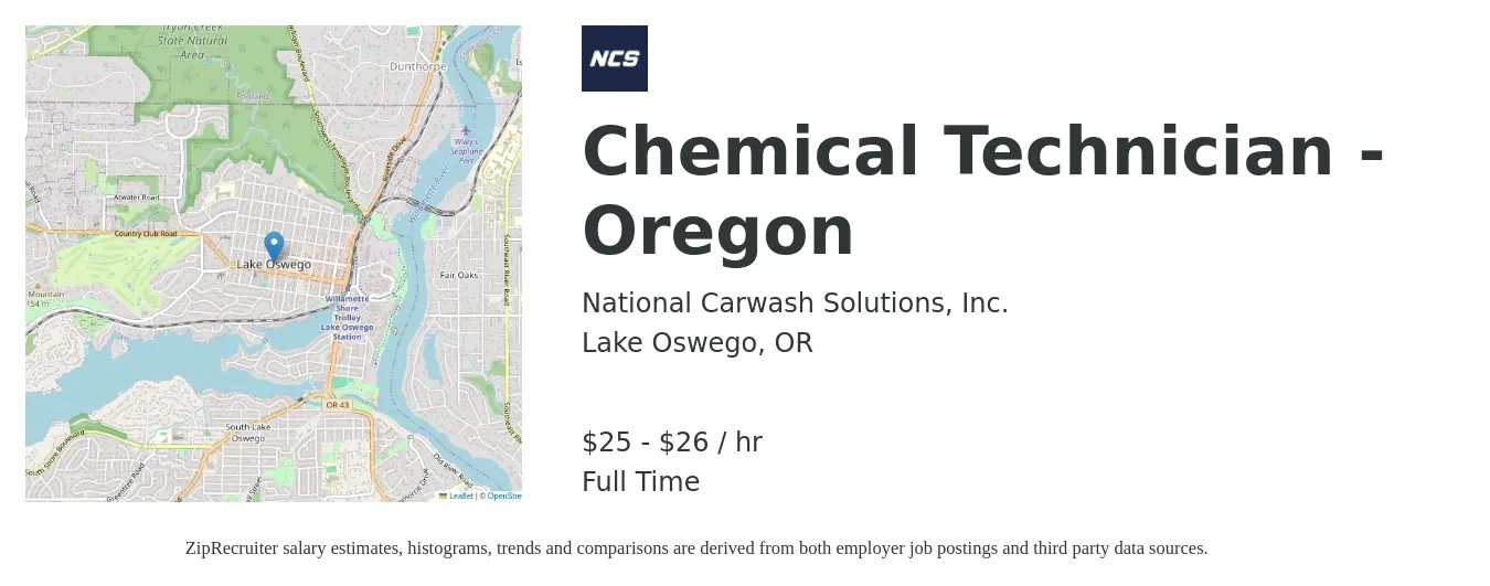 National Carwash Solutions, Inc. job posting for a Chemical Technician - Oregon in Lake Oswego, OR with a salary of $26 to $28 Hourly with a map of Lake Oswego location.