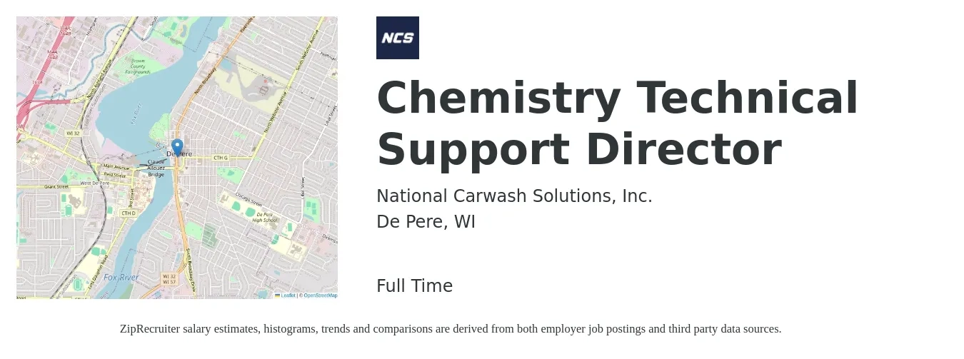 National Carwash Solutions, Inc. job posting for a Chemistry Technical Support Director in De Pere, WI with a salary of $67,500 to $176,900 Yearly with a map of De Pere location.