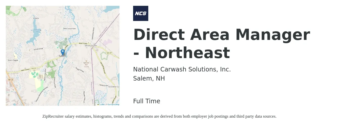 National Carwash Solutions, Inc. job posting for a Direct Area Manager - Northeast in Salem, NH with a salary of $38,400 to $71,400 Yearly with a map of Salem location.