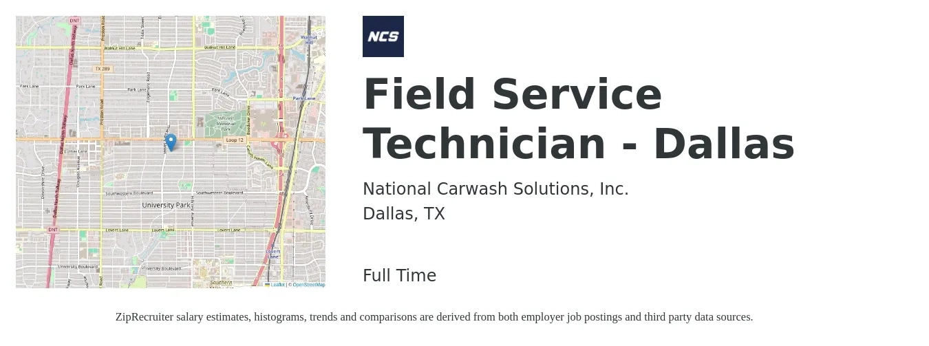 National Carwash Solutions, Inc. job posting for a Field Service Technician - Dallas in Dallas, TX with a salary of $20 to $30 Hourly with a map of Dallas location.