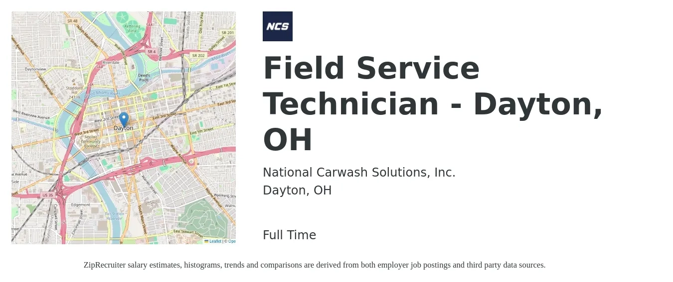 National Carwash Solutions job posting for a Field Service Technician - Dayton, OH in Dayton, OH with a salary of $20 to $29 Hourly with a map of Dayton location.