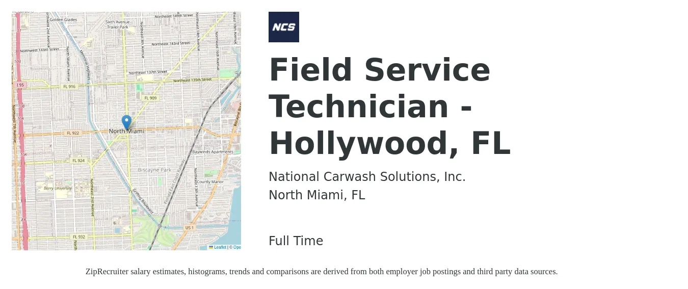 National Carwash Solutions, Inc. job posting for a Field Service Technician - Hollywood, FL in North Miami, FL with a salary of $19 to $28 Hourly with a map of North Miami location.