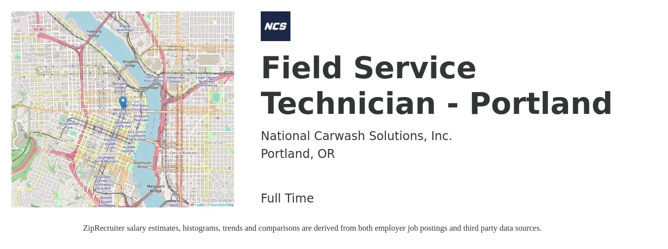 National Carwash Solutions, Inc. job posting for a Field Service Technician - Portland in Portland, OR with a salary of $21 to $32 Hourly with a map of Portland location.