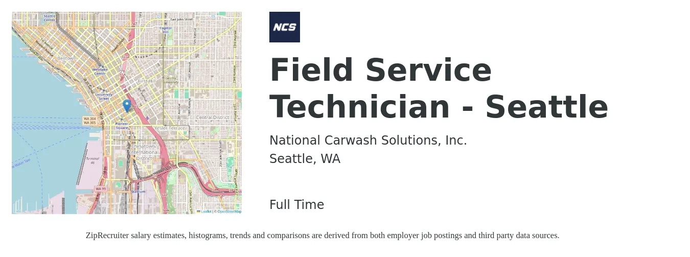 National Carwash Solutions, Inc. job posting for a Field Service Technician - Seattle in Seattle, WA with a salary of $23 to $34 Hourly with a map of Seattle location.