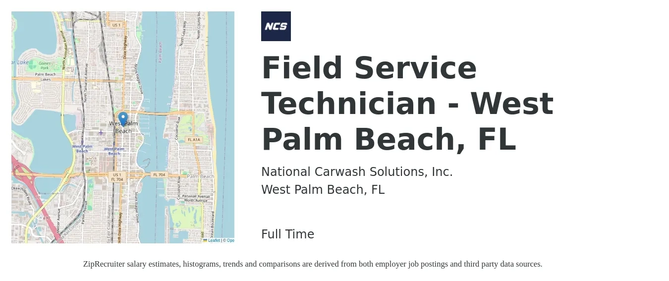 National Carwash Solutions, Inc. job posting for a Field Service Technician - West Palm Beach, FL in West Palm Beach, FL with a salary of $19 to $29 Hourly with a map of West Palm Beach location.