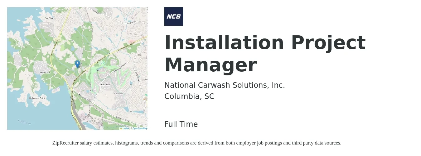 National Carwash Solutions, Inc. job posting for a Installation Project Manager in Columbia, SC with a salary of $52,300 to $78,600 Yearly with a map of Columbia location.