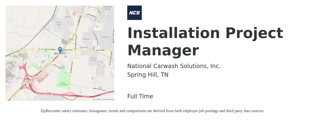 National Carwash Solutions, Inc. job posting for a Installation Project Manager in Spring Hill, TN with a salary of $53,100 to $79,900 Yearly with a map of Spring Hill location.