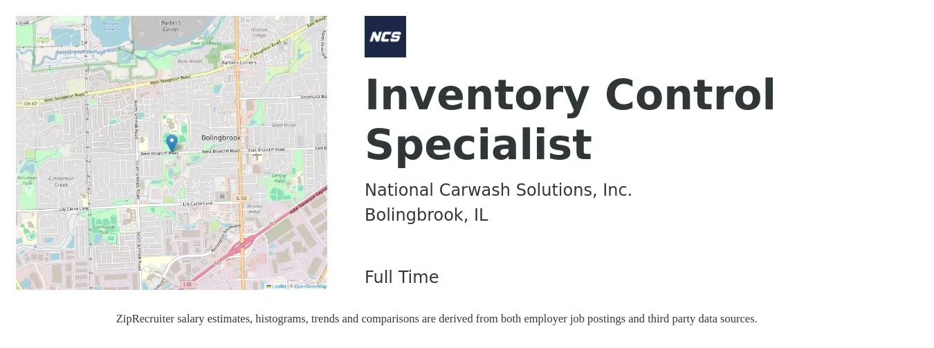 National Carwash Solutions, Inc. job posting for a Inventory Control Specialist in Bolingbrook, IL with a salary of $18 to $23 Hourly with a map of Bolingbrook location.