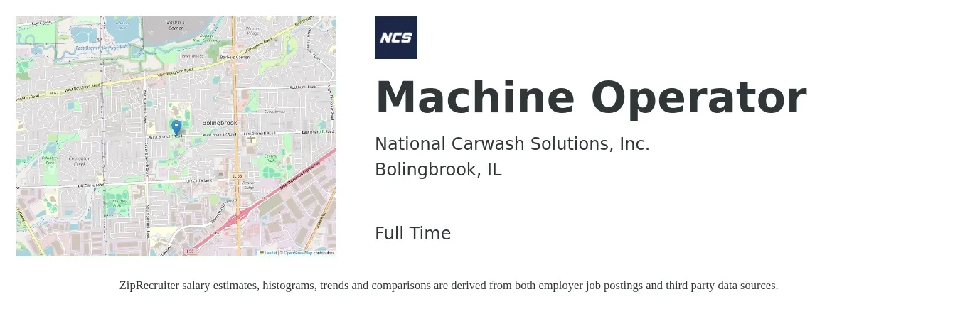 National Carwash Solutions job posting for a Machine Operator in Bolingbrook, IL with a salary of $17 to $20 Hourly and benefits including medical, pto, vision, dental, and life_insurance with a map of Bolingbrook location.