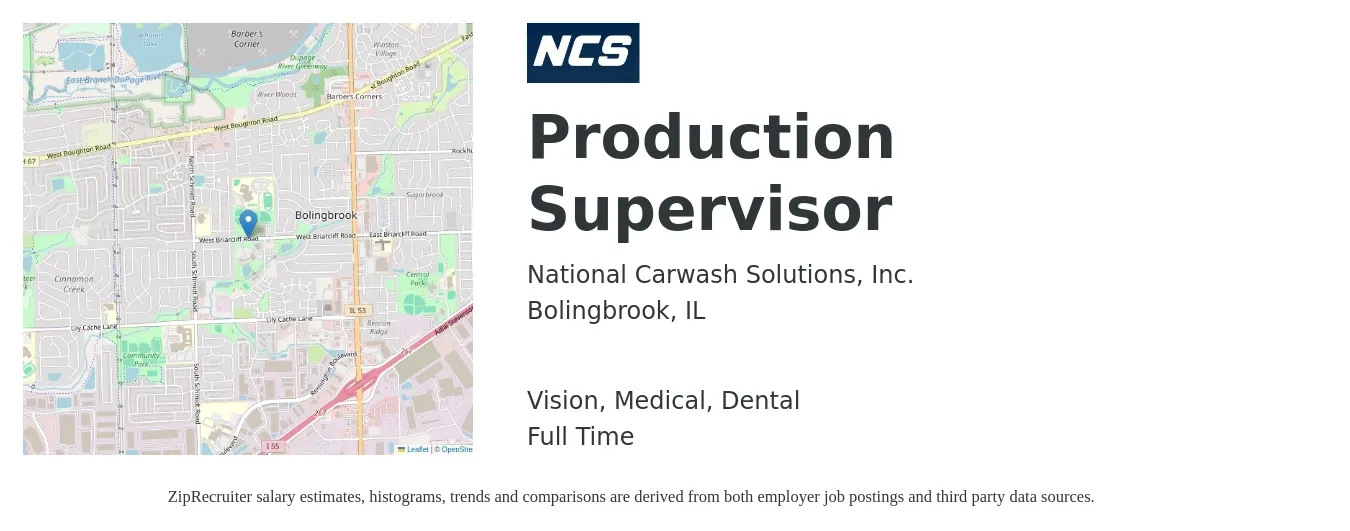 National Carwash Solutions job posting for a Production Supervisor in Bolingbrook, IL with a salary of $55,400 to $79,600 Yearly and benefits including dental, life_insurance, medical, pto, and vision with a map of Bolingbrook location.