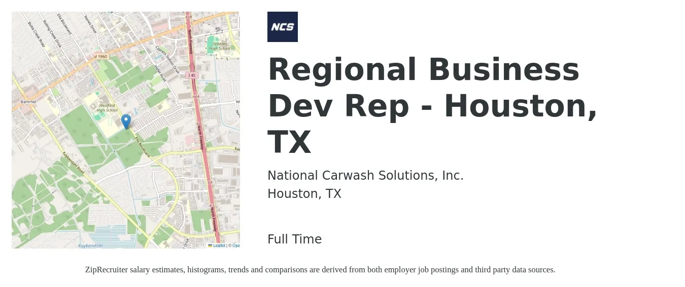 National Carwash Solutions, Inc. job posting for a Regional Business Dev Rep - Houston, TX in Houston, TX with a salary of $71,600 to $103,100 Yearly with a map of Houston location.