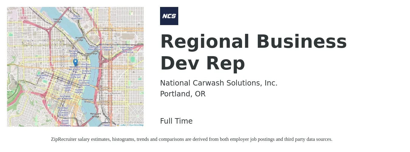National Carwash Solutions, Inc. job posting for a Regional Business Dev Rep in Portland, OR with a salary of $79,500 to $114,500 Yearly with a map of Portland location.