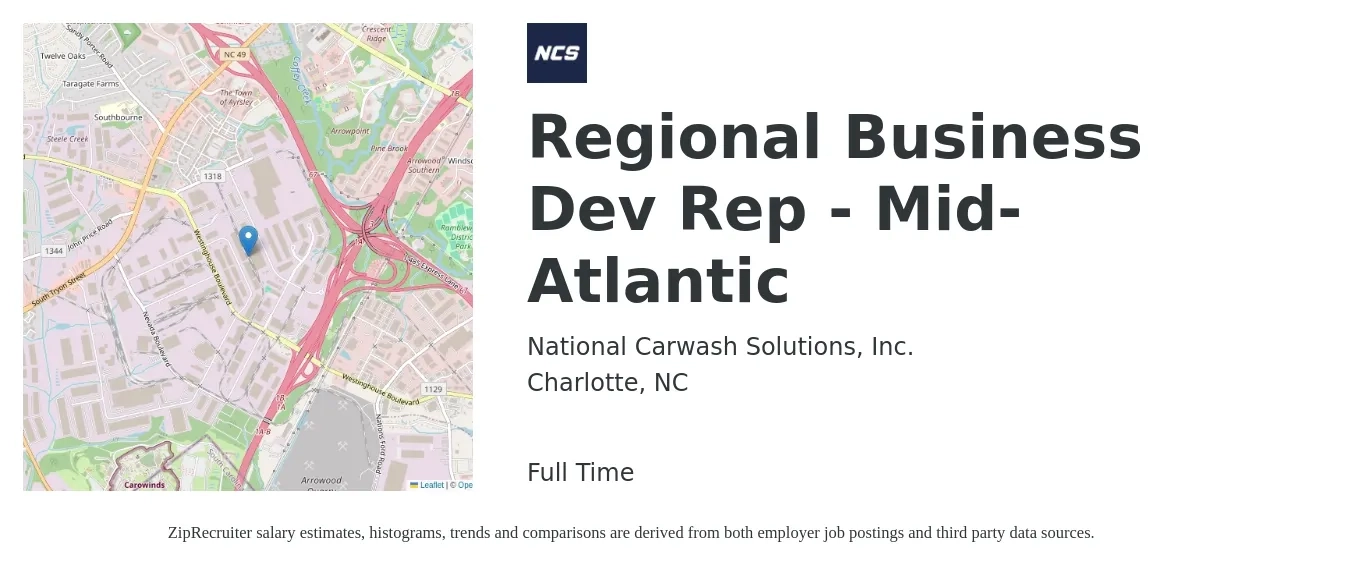 National Carwash Solutions, Inc. job posting for a Regional Business Dev Rep - Mid-Atlantic in Charlotte, NC with a salary of $73,300 to $105,500 Yearly with a map of Charlotte location.