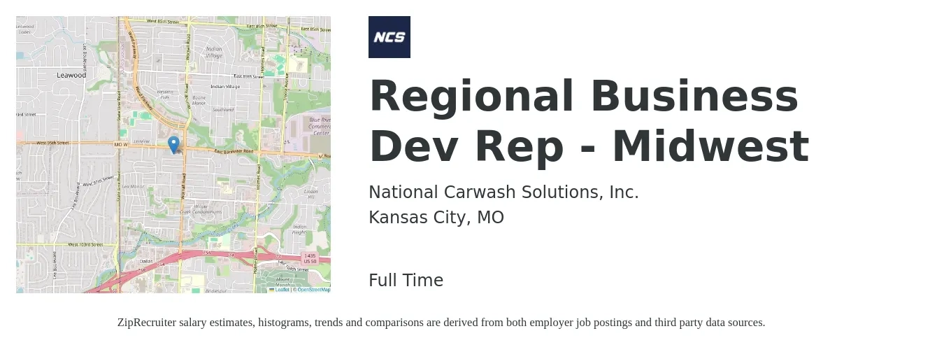 National Carwash Solutions, Inc. job posting for a Regional Business Dev Rep - Midwest in Kansas City, MO with a salary of $73,200 to $105,400 Yearly with a map of Kansas City location.