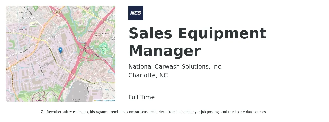 National Carwash Solutions, Inc. job posting for a Sales Equipment Manager in Charlotte, NC with a salary of $44,000 to $78,100 Yearly with a map of Charlotte location.