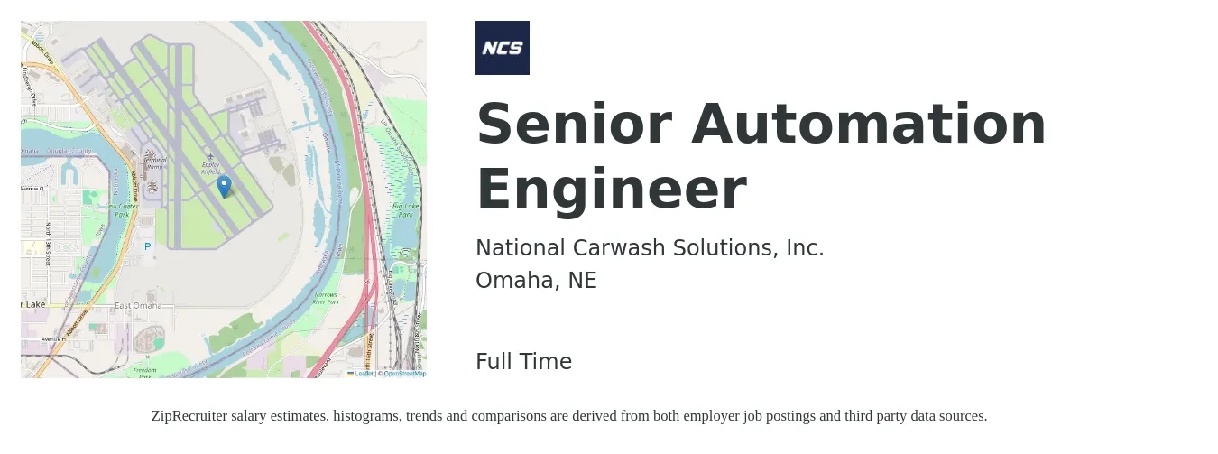 National Carwash Solutions, Inc. job posting for a Senior Automation Engineer in Omaha, NE with a salary of $99,500 to $130,600 Yearly with a map of Omaha location.