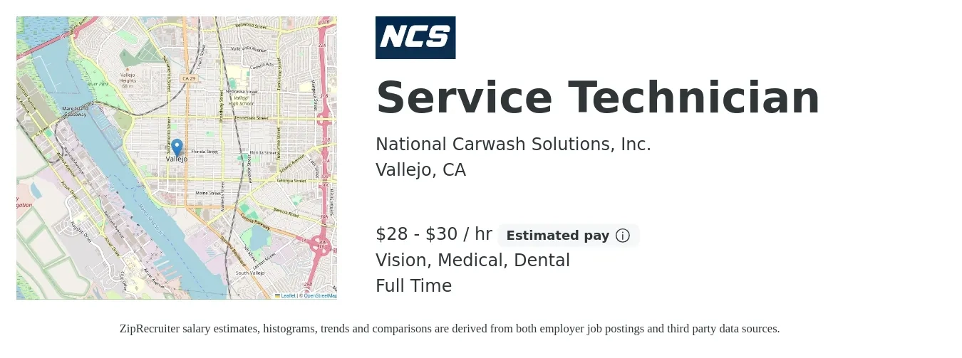 National Carwash Solutions, Inc. job posting for a Service Technician in Vallejo, CA with a salary of $22 to $31 Hourly with a map of Vallejo location.