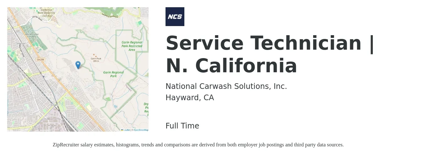 National Carwash Solutions, Inc. job posting for a Service Technician | N. California in Hayward, CA with a salary of $23 to $34 Hourly with a map of Hayward location.