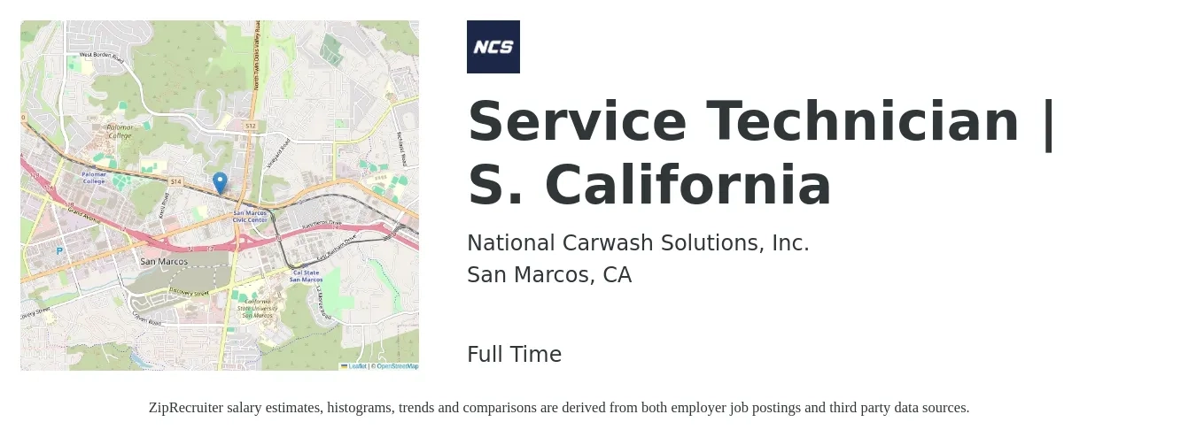 National Carwash Solutions, Inc. job posting for a Service Technician | S. California in San Marcos, CA with a salary of $20 to $30 Hourly with a map of San Marcos location.
