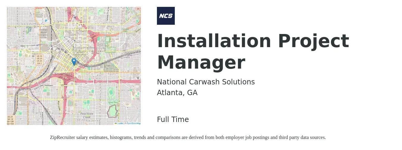 National Carwash Solutions, Inc. job posting for a Installation Project Manager in Atlanta, GA with a salary of $54,300 to $81,700 Yearly with a map of Atlanta location.