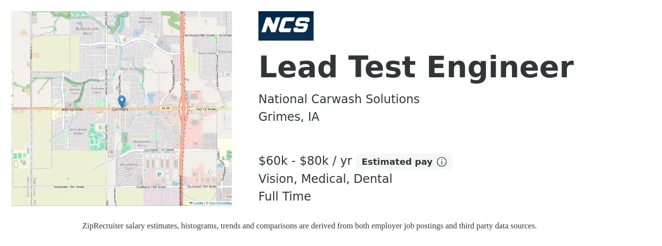 National Carwash Solutions job posting for a Lead Test Engineer in Grimes, IA with a salary of $60,000 to $80,000 Yearly and benefits including dental, life_insurance, medical, pto, and vision with a map of Grimes location.