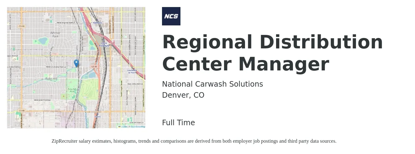 National Carwash Solutions, Inc. job posting for a Regional Distribution Center Manager in Denver, CO with a salary of $61,800 to $86,500 Yearly with a map of Denver location.