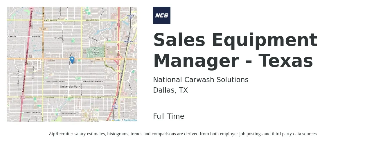 National Carwash Solutions, Inc. job posting for a Sales Equipment Manager - Texas in Dallas, TX with a salary of $44,500 to $79,100 Yearly with a map of Dallas location.