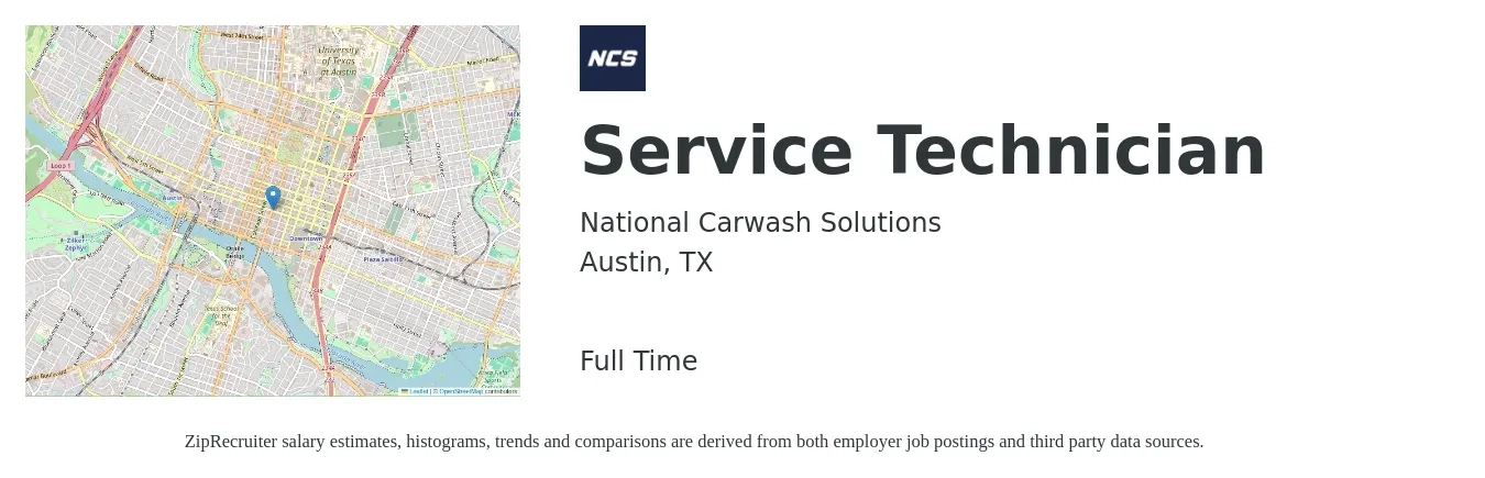 National Carwash Solutions, Inc. job posting for a Service Technician in Austin, TX with a salary of $20 to $28 Hourly with a map of Austin location.
